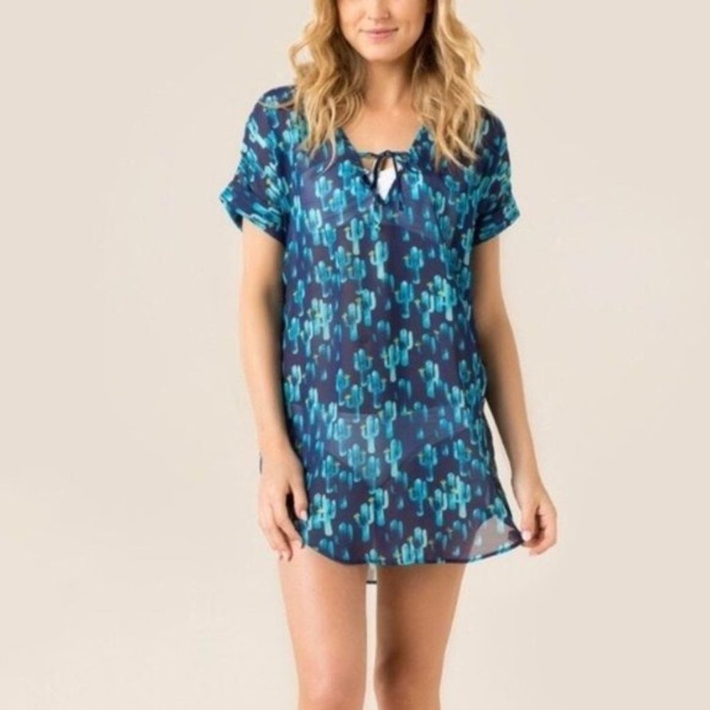 Francesca's Women's Swim Cover Up Size S/M Short-Sleeved Cactus Semi-Sheer